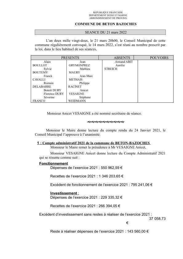 compte rendu du 21/03/2022 Compte rendu du conseil municipal du 21/03/2022