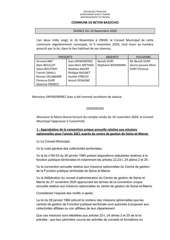 Compte rendu du conseil municipal du 16/11/2020 Compte rendu du conseil municipal du 16/11/2020
