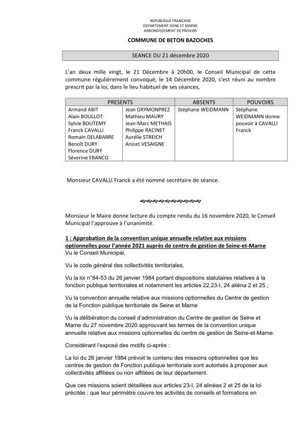 compte rendu conseil municipal 21/12/2020