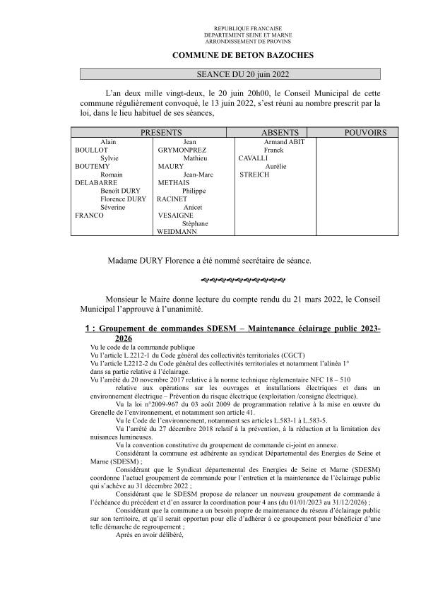 Compte rendu du 20/06/2022 Compte rendu du conseil municipal du 20/06/2022